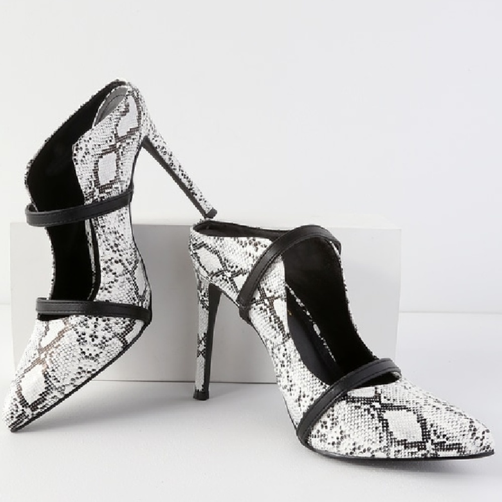 FARRYN SNAKE AND BLACK POINTED TOE HIGH HEEL MULES